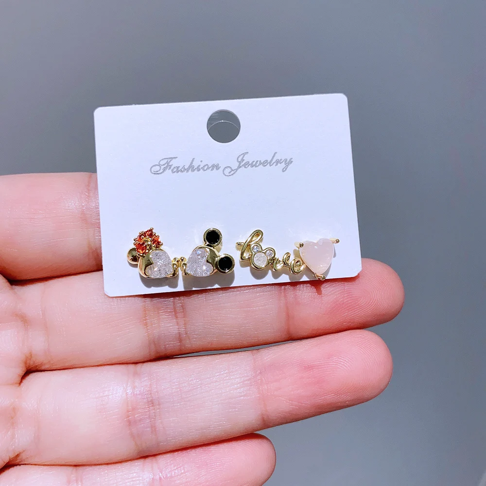 4pcs/set Small Love Heart Mouse Cartoon Stud Earrings Gold Color Women Girls Cubic Zircon Gift Jewelry