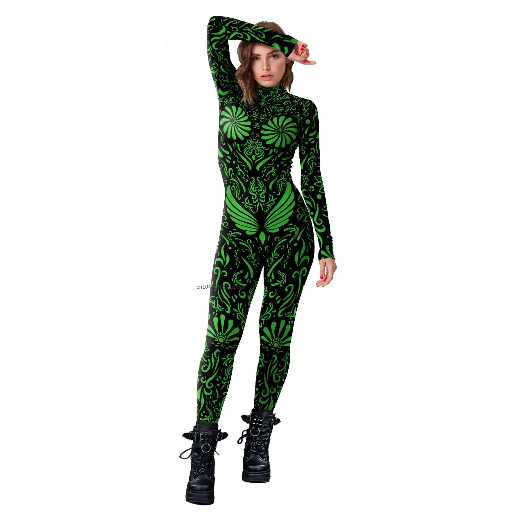 Combinaisons à imprimé vert pour femmes, motifs géométriques, costume de cosplay de carnaval de fête, Catsuit Zentai, costume de batterie, manches longues de paupières