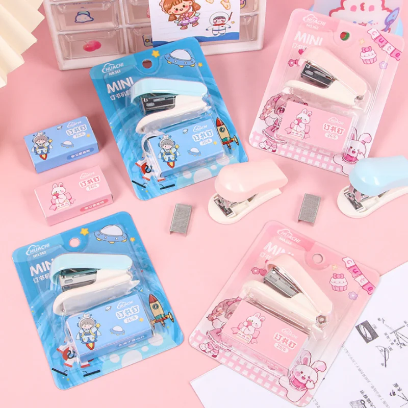 Portable Cute Cartoon Mini Stapler with Staples Set for Student School Office Organize Paper Binding Tools Stationery Supplies