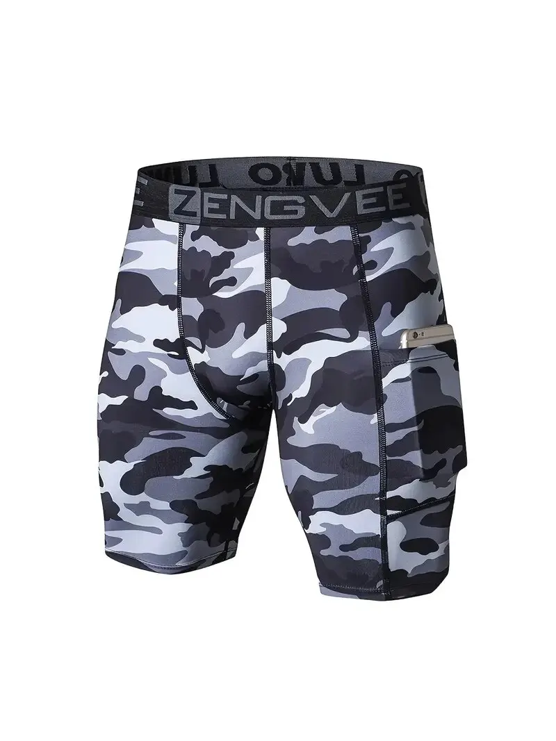 ZengVee 3pcs Men\'s Camo Compression Shorts with Pocket - Perfect ForGym, Swimming, Yoga, Climbing, Cycling, and Running