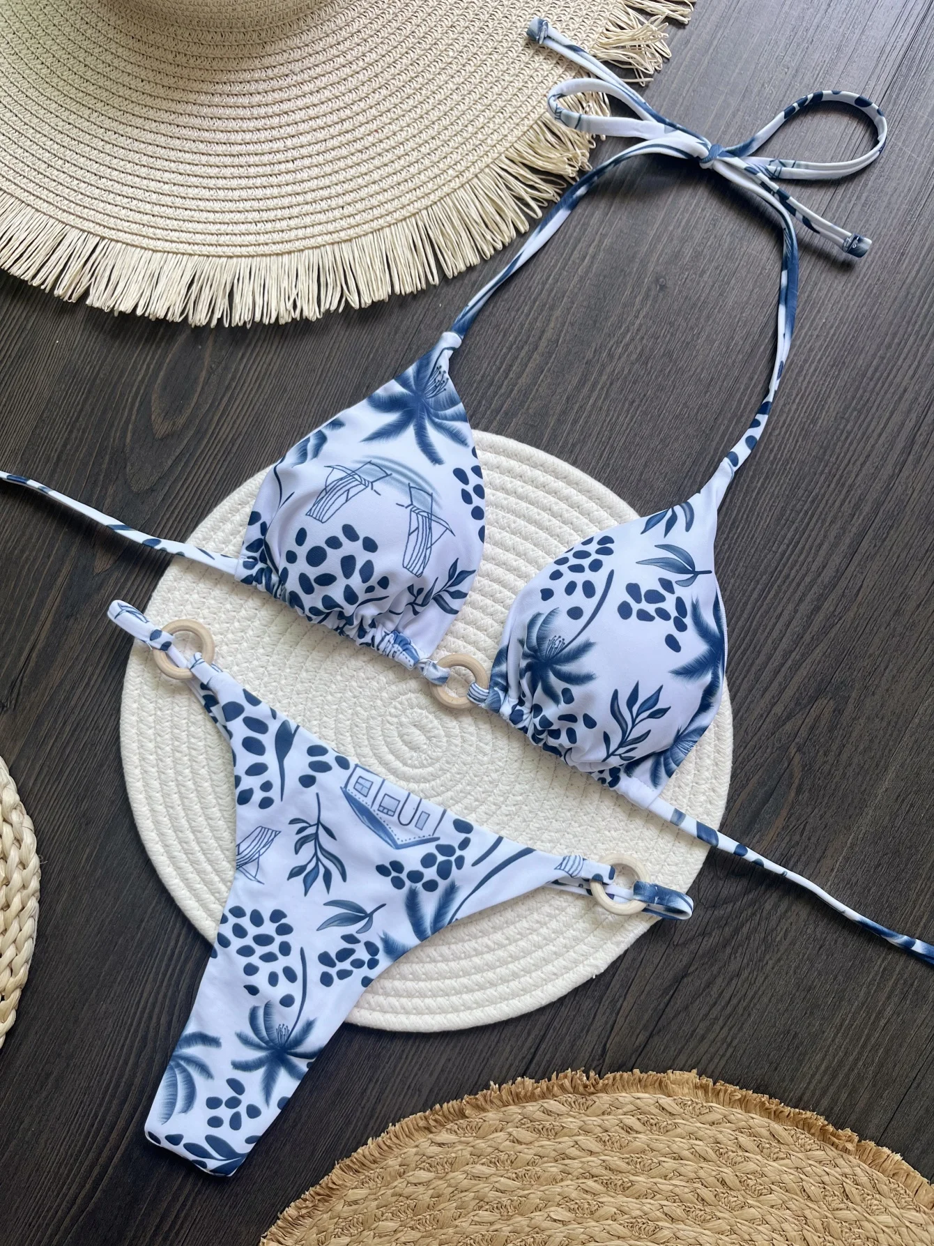 Sexy Swimwear Women Printed Triangle Cup Bra neck Strap Back Strap Side Female Beach Set Strap Bikini Suit