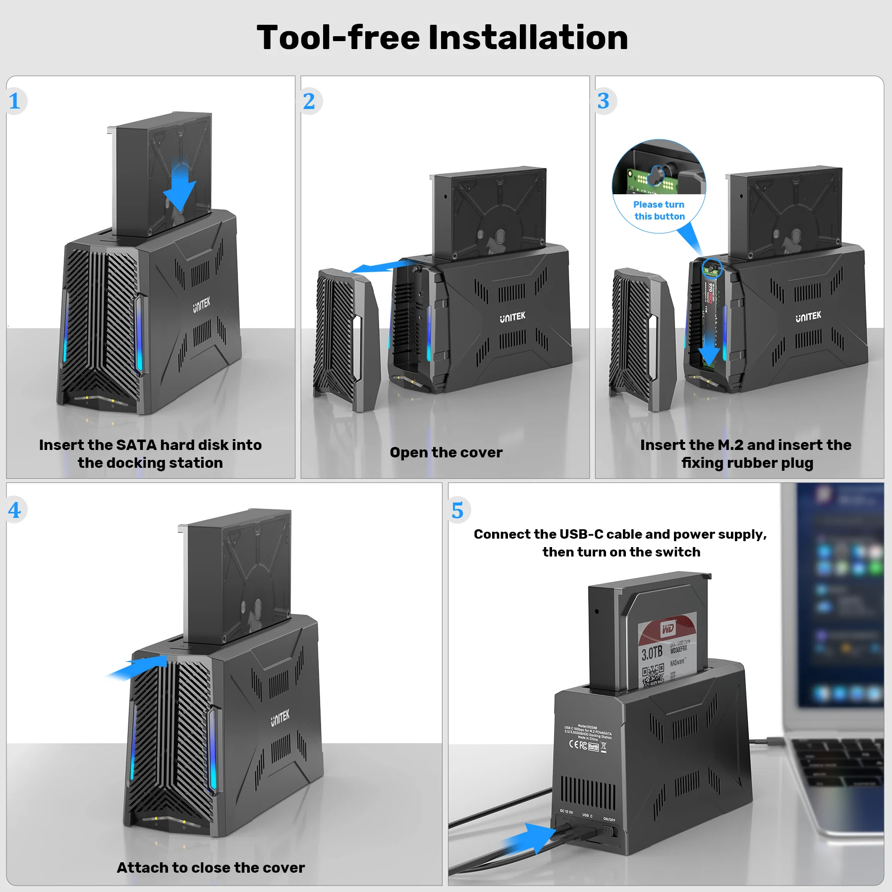 Imagem -04 - Gabinete Ssd Sata para Usb c Uaps Adaptador de Disco Rígido 10gbps 2.5 3.5 Case do Disco Ssd m2 Nvme Pcie Case Hdd Caixa Externa Unitek-m2