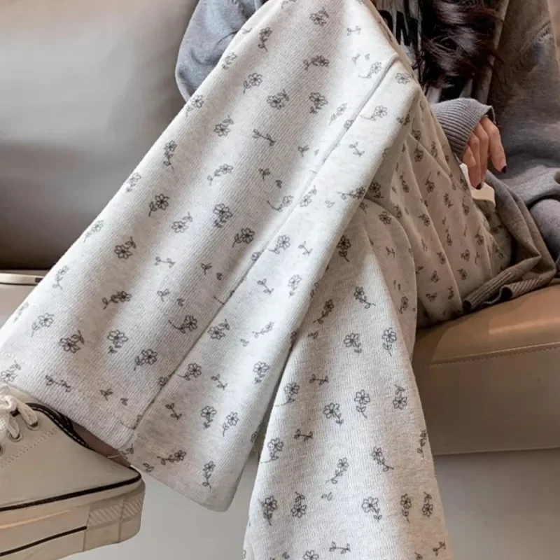 

Floral Pants Women High Waist Full Length Trousers Drawstring Young Girls Korean Style Wide Leg All-match Spring Autumn Casual