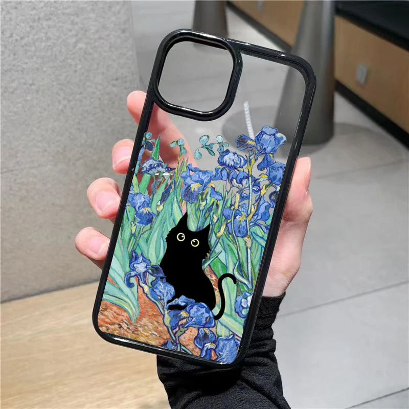 Van-Gogh Cat Phone Case For iPhone 15 14 Pro Max 13 Mini 12 11 XR XS X 7 8Plus Cute INS Retro Oil Painting Black Hard Cover Bag