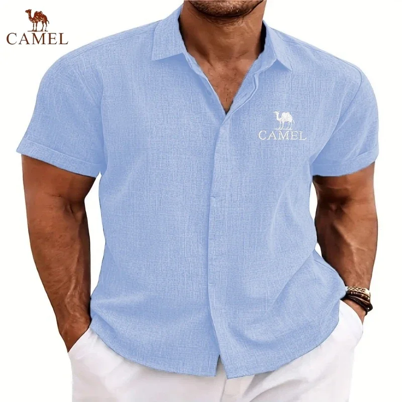 New Men's High-quality Embroidered Cotton Linen Short Sleeved Shirt for Summer Fashion, Casual, Cool and Breathable Polo Shirt