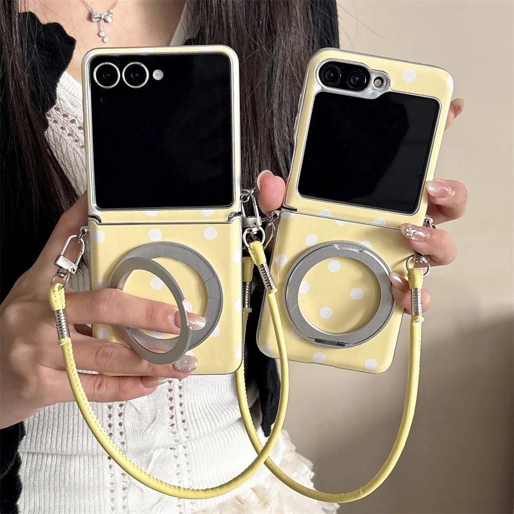 Cute Yellow Polka Dot Magnetic Ring Stand Phone Case For Samsung Galaxy Z Flip8 Flip7 6 5 4 3 Shockproof Cover With Wrist Strap