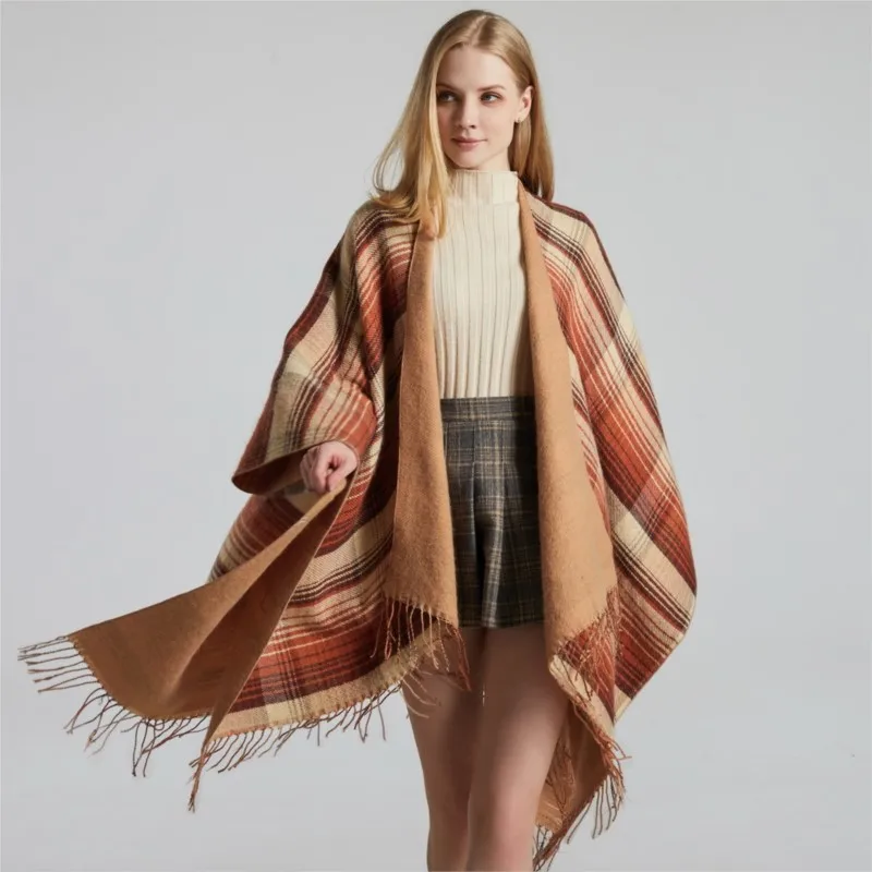 sjaal luxury womenA classic Scottish checkered shawl cape with cashmere tassels, thickened and warm split shawl