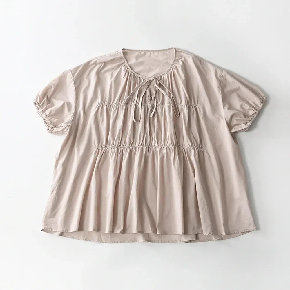 Summer Cotton Smocked Pleated Puff Sleeve Tunic Babydoll Blouse for Chubby Big Size Sweet Beautiful Old Money Classy Shirt Top