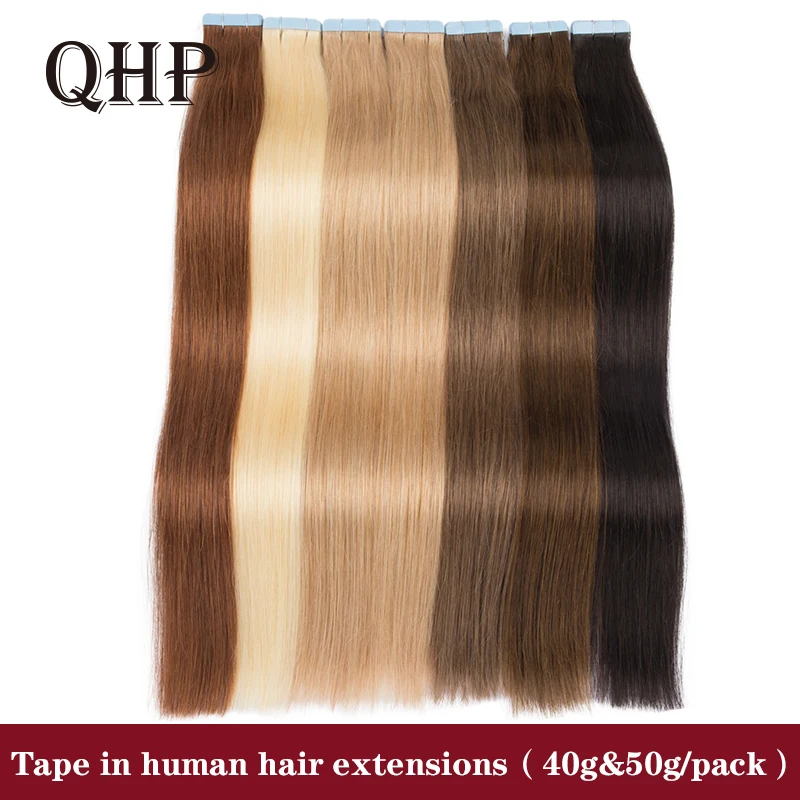 QHP Straight Tape In Human Hair Extensions Machine Brazilan Remy Natural Seamless Skin Weft 40g/50g/pack 12-26inch Multicolor