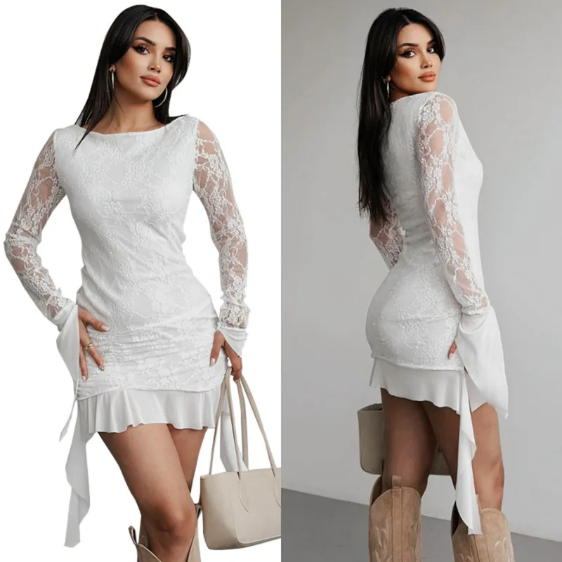 

Summer Elegant Slim Fit Lace Bodycon Dress For Women Long Sleeve Ruched Mini Dress With Ruffle Hem Sexy Club Party Outfit Chic