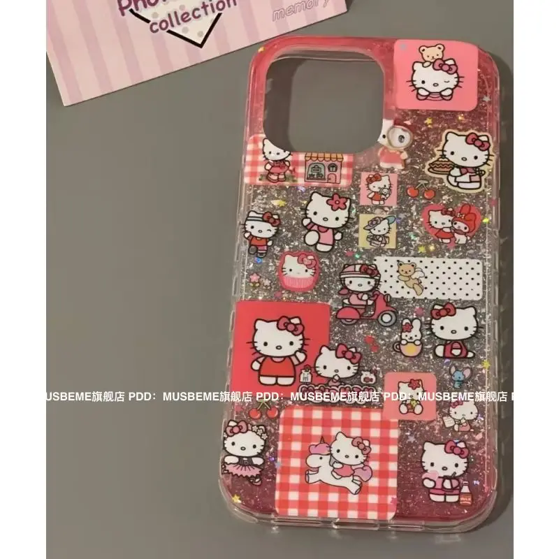 Kawaii Hello Kitty Iphone 16 15Promax Phone Case Cartoon 14Pro 13 All Inclusive Soft Shell Girlish Heart Decoration Phone Case