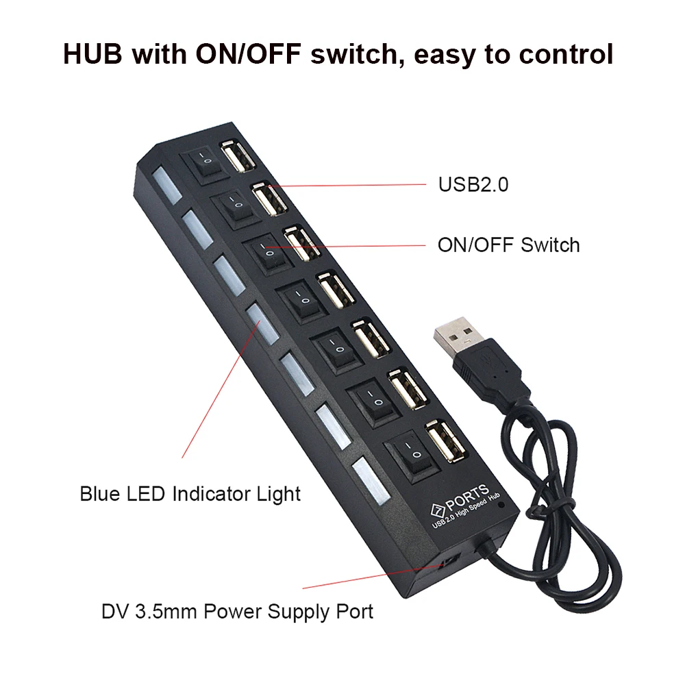 USB HUB USB Switch USB Hub 2.0 Adapter High Speed Multi 7 Ports Hub USB On/Off Switch Portable USB Splitter For Computer Laptop