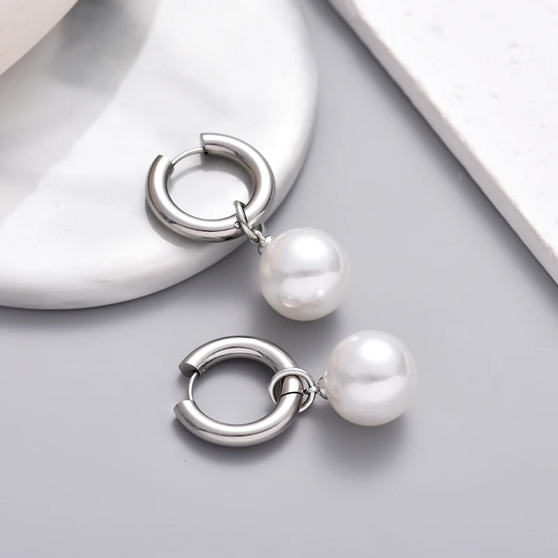 Classic Fashion White Round 16mm Pearl Drop Round Stainless Steel Hoop Earrings For Women Elegant Wedding Party Jewelry Earrings