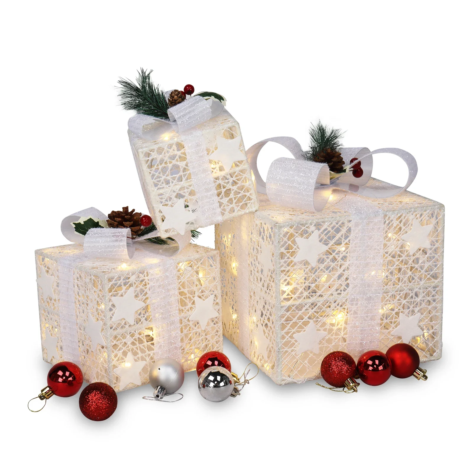 

3pcs Square ABS Plastic Rack Garden Festive Decoration LED60 Light Warm White Light Cotton Thread Powder Gift Box