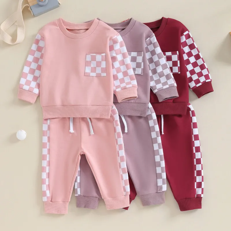 

Baby Girl Boy Checkerboard Pant Sets Spring Autumn Clothes Patchwork Long Sleeve Sweatshirts Tops and Bottom Sets