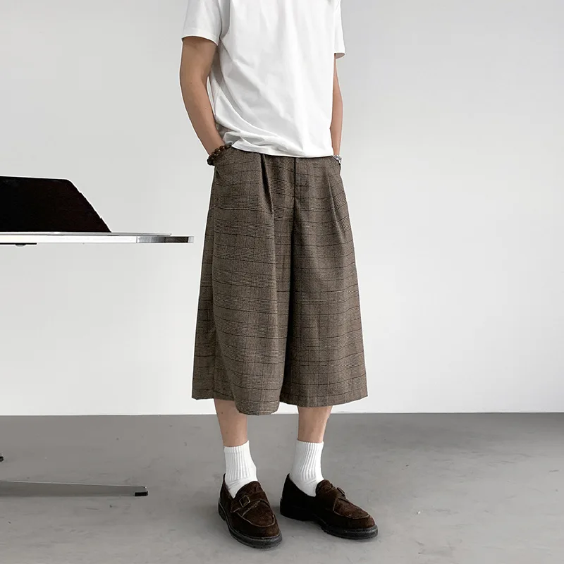 Thousand Birds Plaid Pleated Casual Shorts New Trendy Brand Loose Straight Cropped Pants