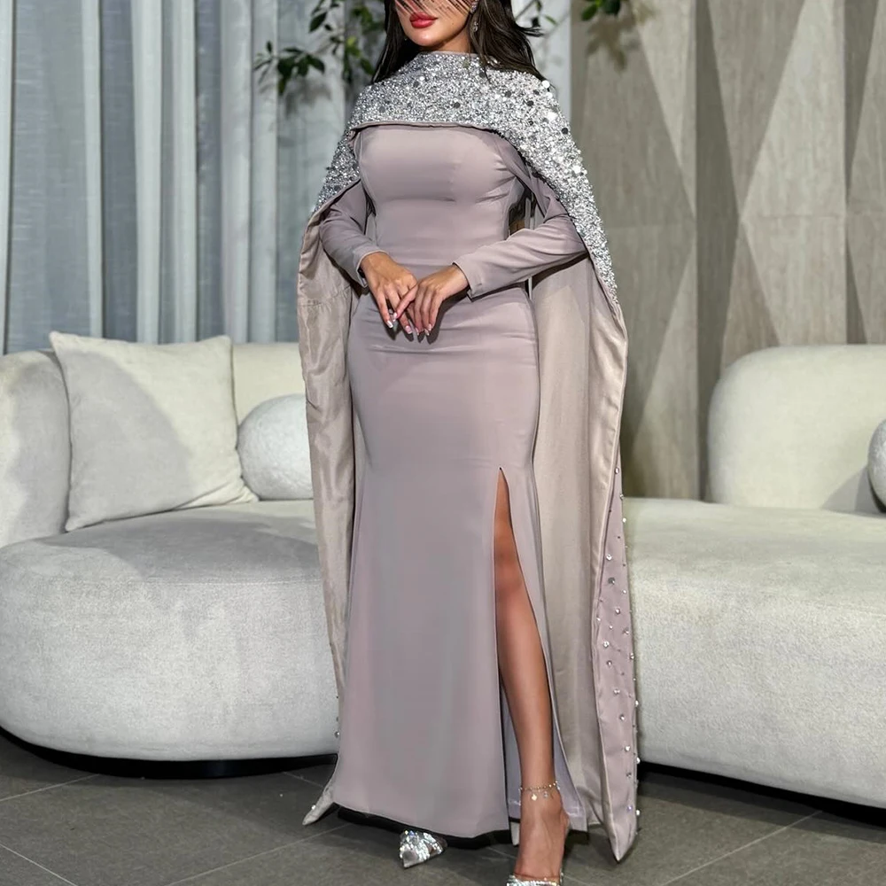 

Classic Jersey Straight Crystal Evening Dress Delicate Floor Length Side Slit Long Sleeves فساتين سهره نسائيه فخمة