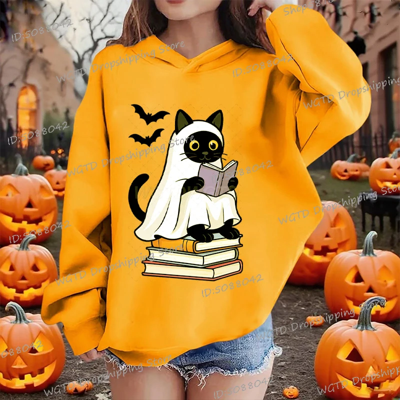 

Halloween Hoodies Cartoon Cat Boo Reading Print Graphic Hoodie Boys Girls Cute Ghost Spooky Season Vintage Streetwear Hoody Gift