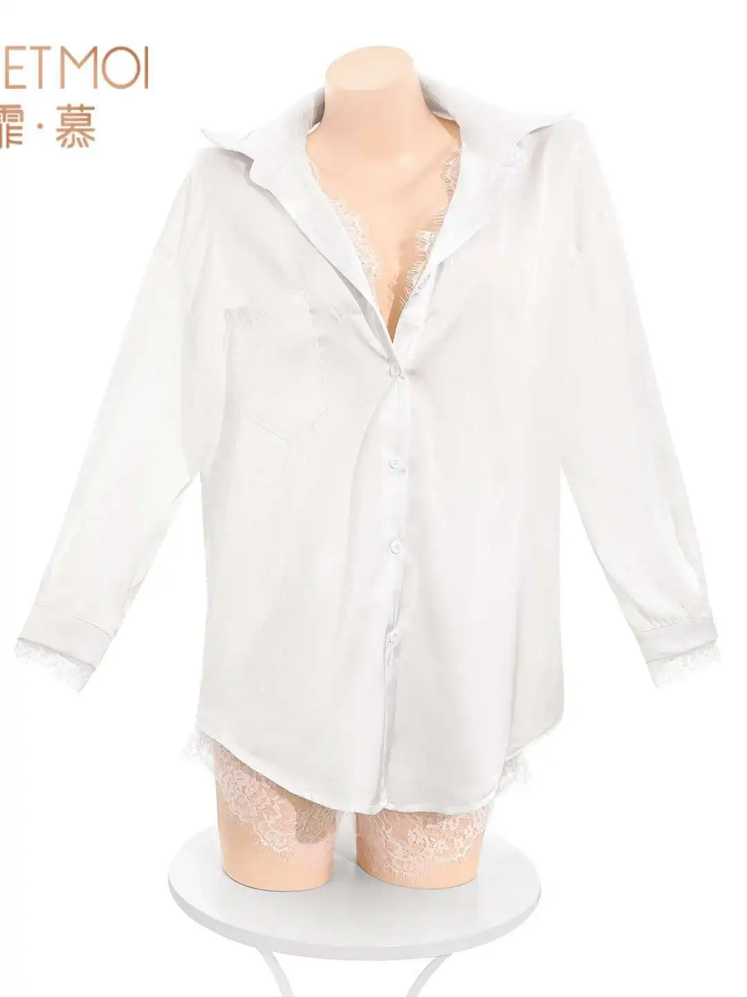 مثير الرغبة النقية بلون تفريغ الدانتيل فستان كاجوال جميل بأكمام طويلة وزر فستان أنيق ساحر للمرأة G43Q