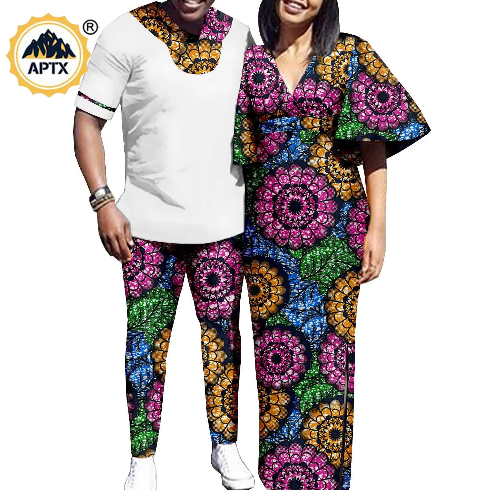 Dashiki African Men Outfits Top and Pants Sets Matching Women Split Print Loose Long Dresses Couples Clothes for Party Y22C046