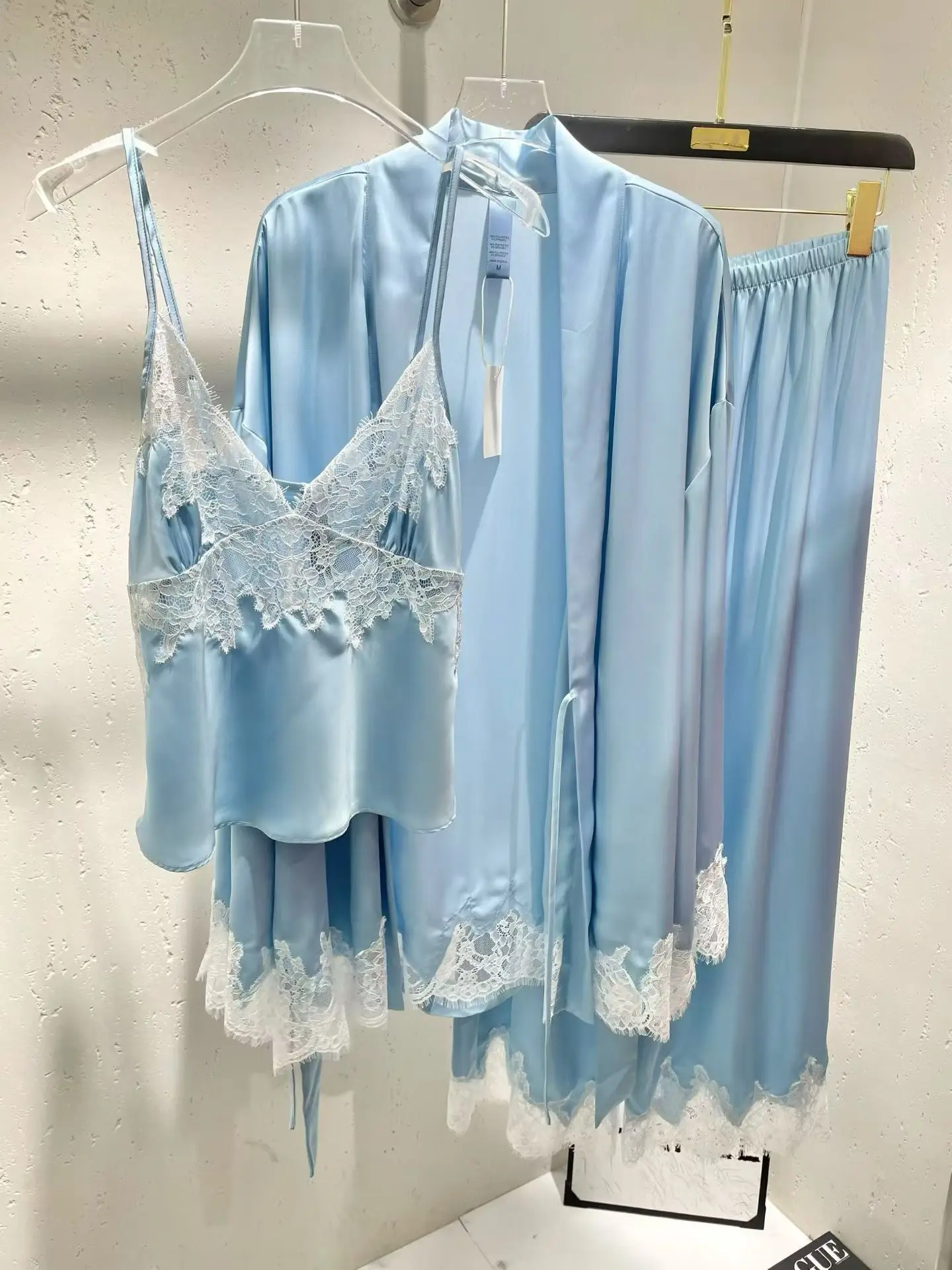 Women's 3 Pcs Silk Satin Pajama Set Lace Trim Cami Top Long Sleeve Robe Long Pants Nightwear Sexy Sleepwear 3 Pieces Lounge Wear