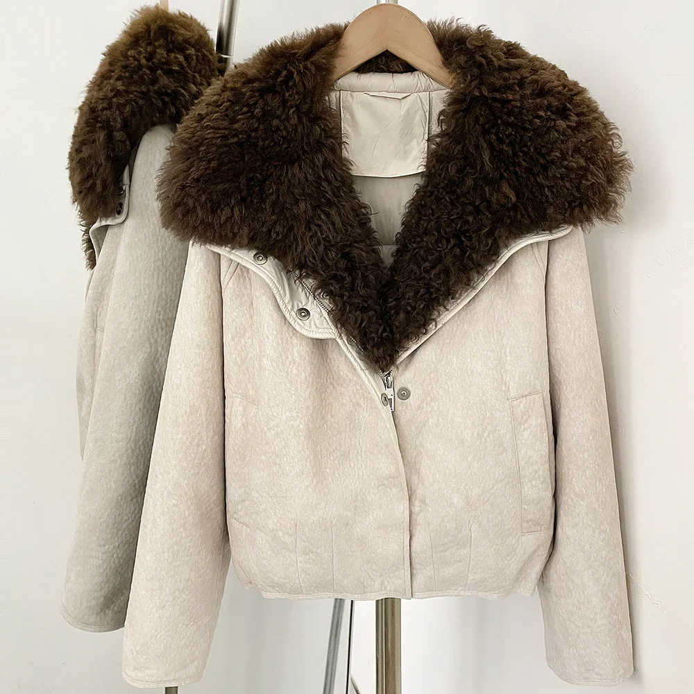 OFTBUY Winter Dicker Kurzer Puffermantel Modische Reißverschluss-Daunenjacke mit Echtem Fell Damen Echter Lammfellkragen Entendaunen-Bekleidung – Detail 15