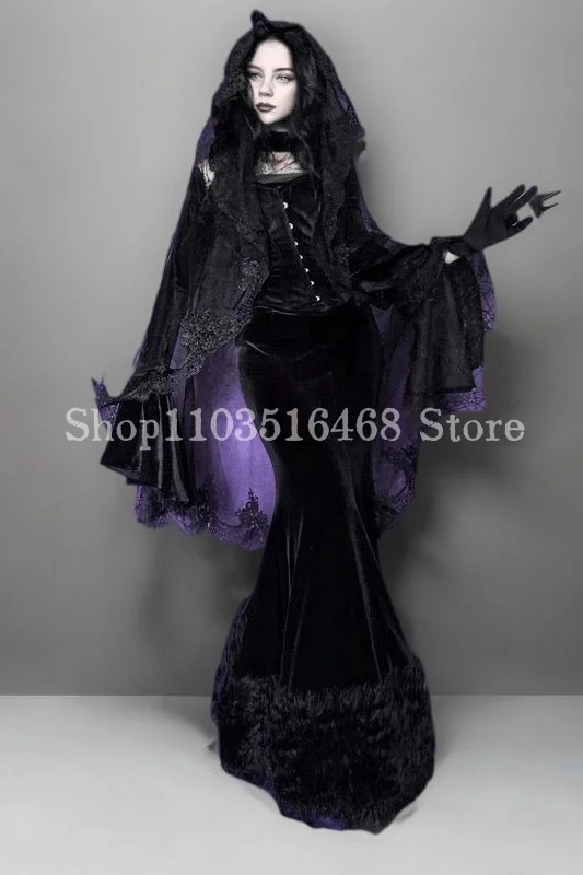 Gothic Mermaid Medieval Prom Dress Black Purple Corset Velvet Ruffles with Headband Halloween Masquerade Evening Gowns