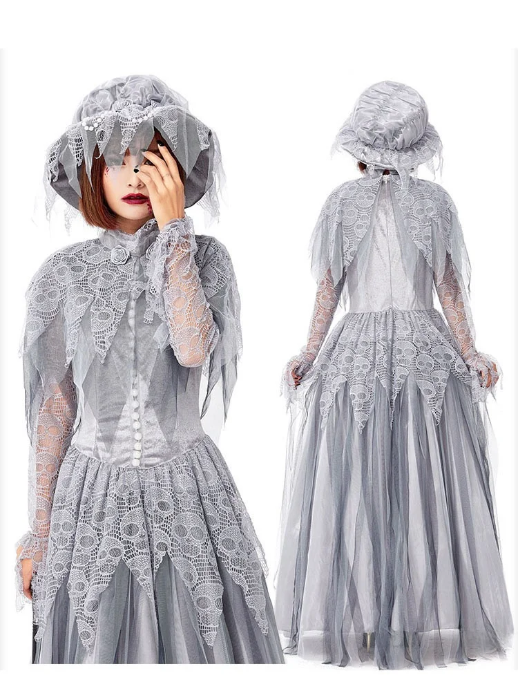 Fsia de Noiva Zumbi Longa para loween, Estilo Vintage, Vestido Longo de Princesa Esqueleto, Traje de Festa de Terror, ...