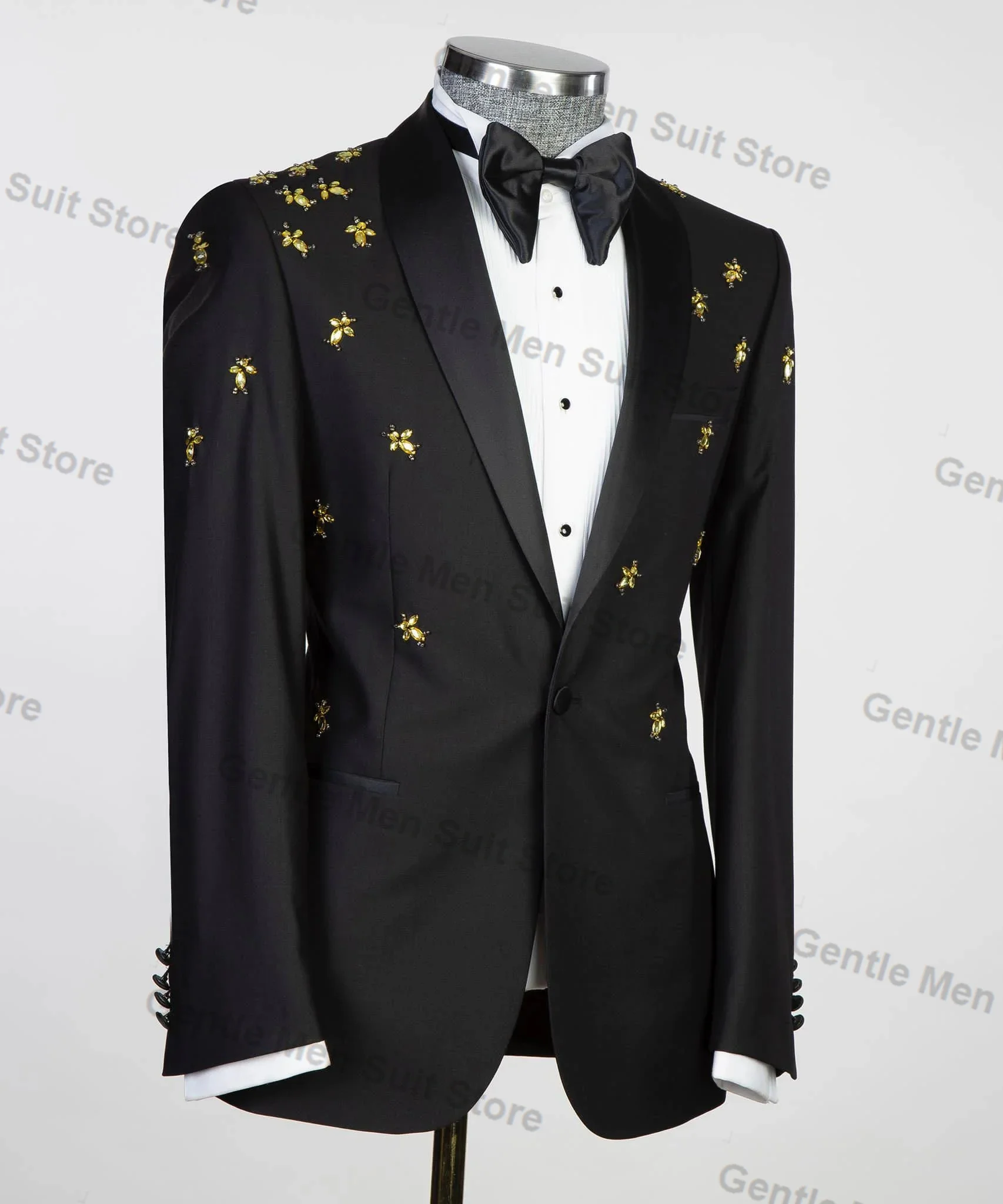 Luxury Bee Crystals Men Suits Set 2 Piece Blazer+Pant Prom Groom Wedding Tuxedo Coat Tailored Made Business Office Jacket