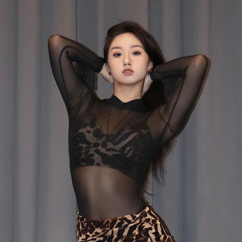 

Customized Latin Dance Dress Female Adult Perspective Mesh Long Sleeve Top Practice Clothes Ballroom Dress Standard Costuems