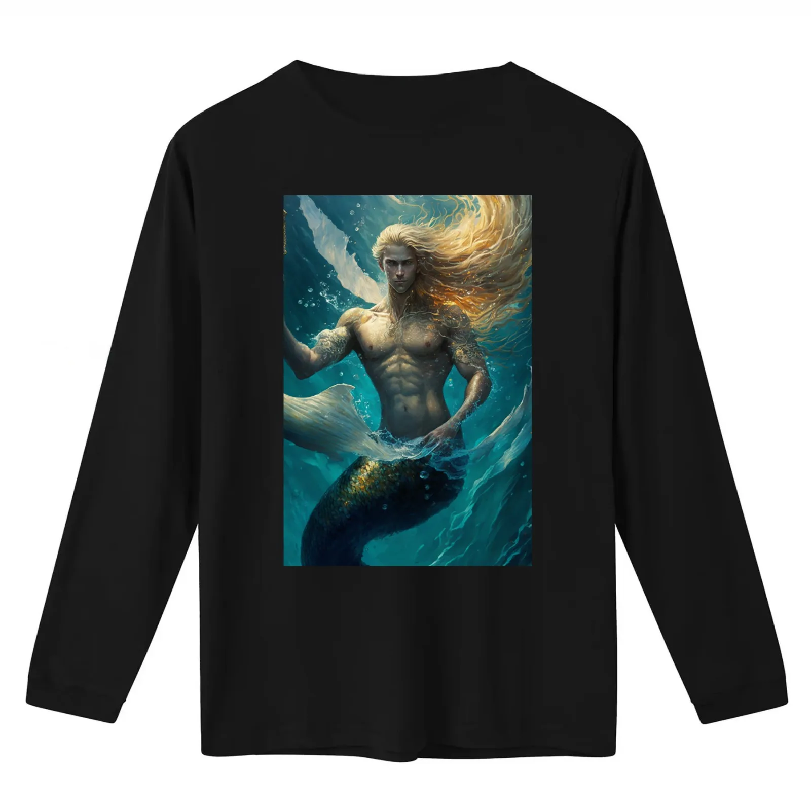 Angelic Blue Eyed Merman with Golden Blonde Flowing Hair in Aqua Hues! T-Shirt Summer Casual Cotton Tee Vintage Graphic Print