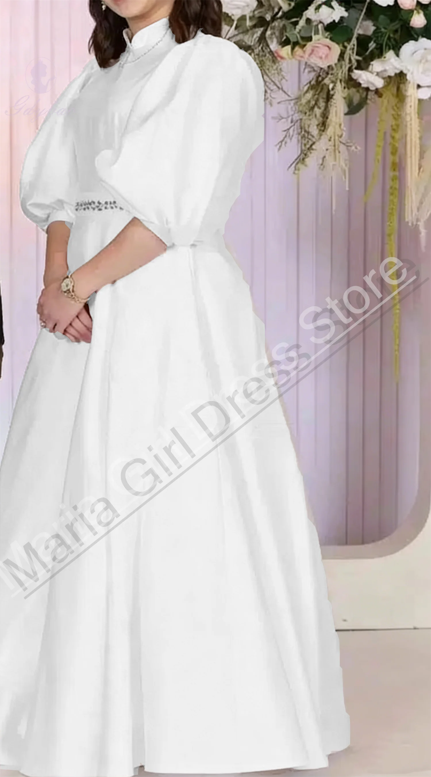 

Custom White Satin Fabric Crysatls Beads Belt Sister Bride For Special Occasion Up Neck Pricness Birthday Teen Gowns