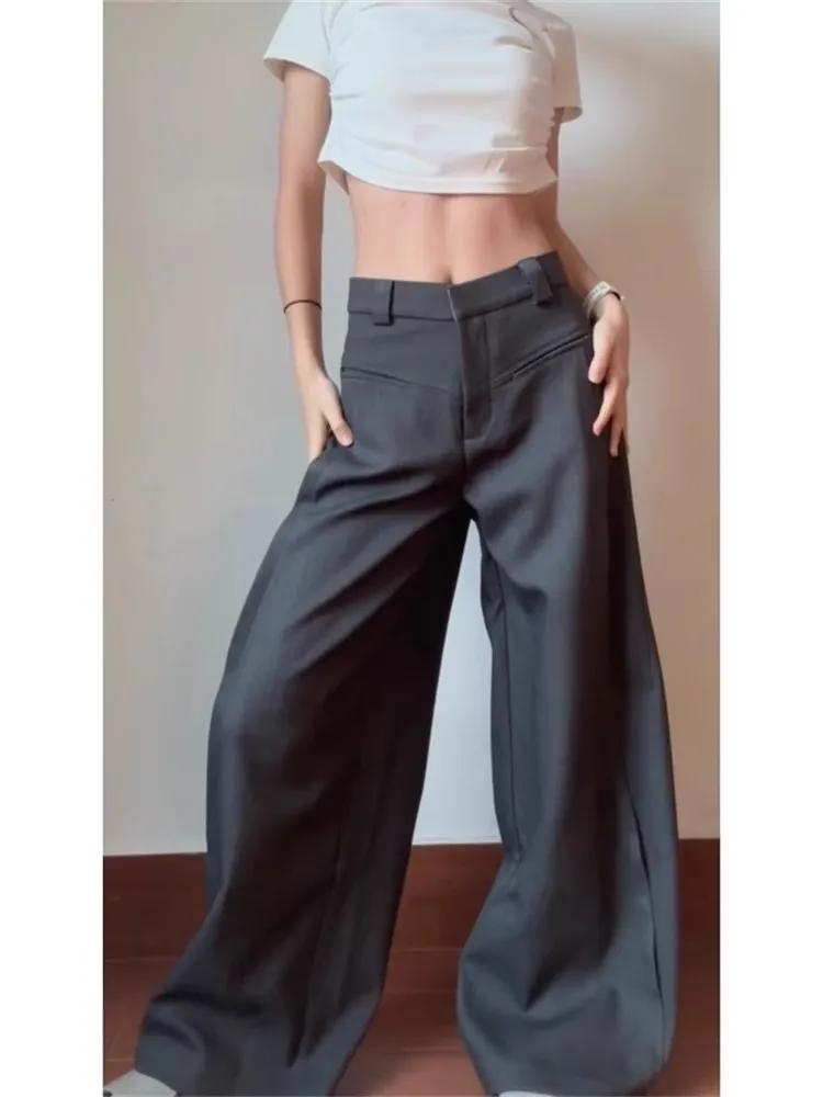 Loose Grey American Style Suit Pants for Women High Waist Straight Leg Floor Length Trousers Comfortable Relaxing Fit view 5