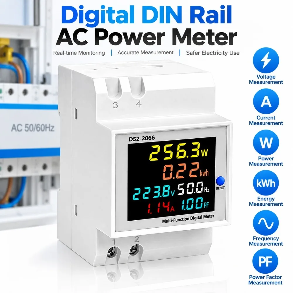 ABS Shell Digital DIN Rail AC Power Meter 6 in 1 Monitoring Color LCD Display Multifunction Power Monitor for D52-2066