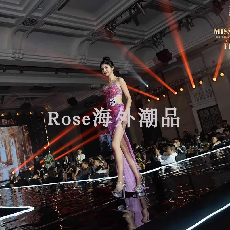 ที่กําหนดเอง International Miss Halo ประกวดความงามแต่งตัวเซ็กซี่ด้านข้างแยกคอนเสิร์ตนักร้องหญิง Belly STAGE Performance Dress