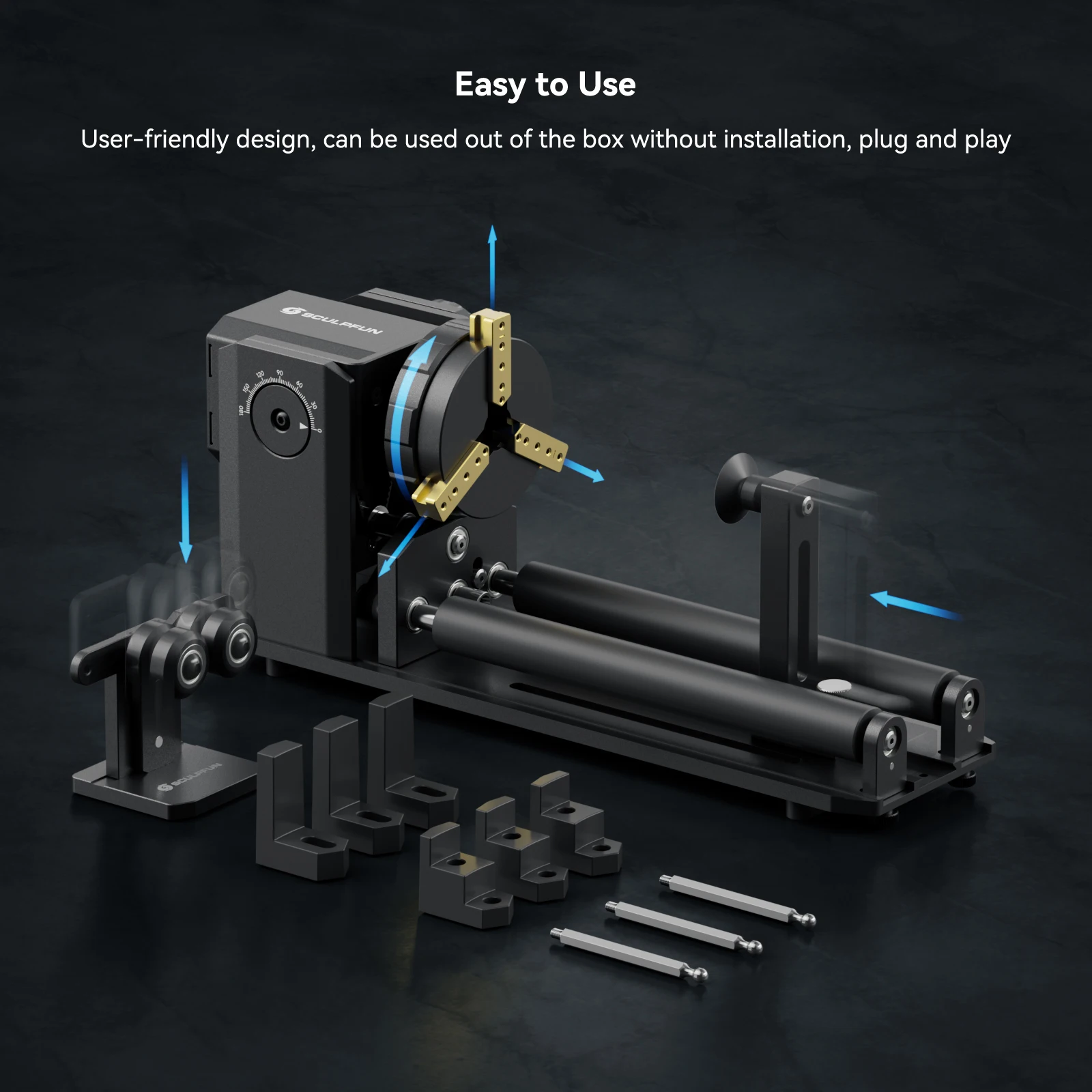 SCULPFUN RA Pro Max Rotary Chuck Y-axis Rotary Roller Engraving Module with 180° for Cylindrical Objects 4 in 1 Rotary Module