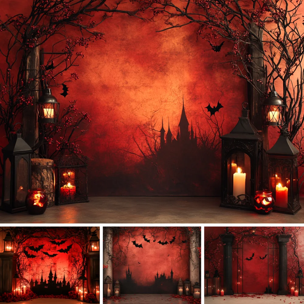 Halloween Gothic Castle Backdrop Red Dark Sky Vintage Candle Lantern Flying Bat Spooky Witch Scene Holiday Photo Background