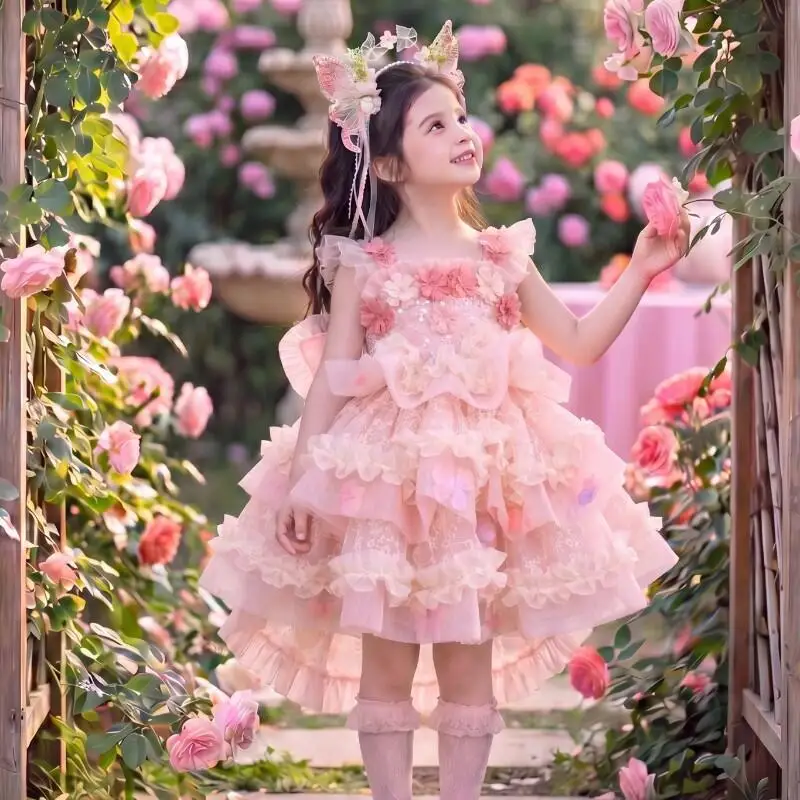 Girl Suspender Lolita Flower Mesh Dress Girl Sweet Princess Dress Summer New Tutu Skirt Children Fashion Sweet Party Dress Group