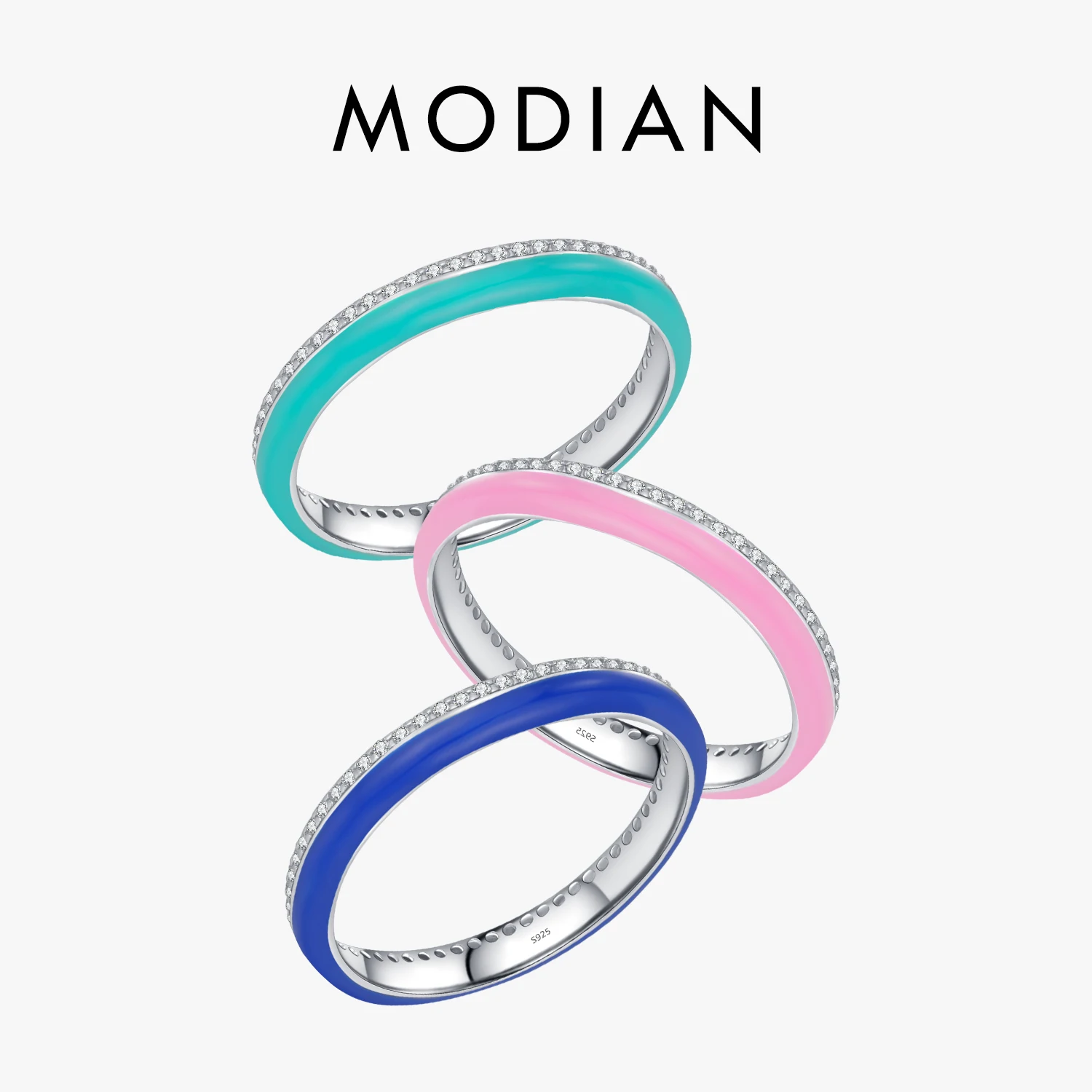 

MODIAN 925 Sterling Silver Klein Blue Enamel Ring Sparkle CZ Eternity Stackable Party Rings For Women Fine Jewelry