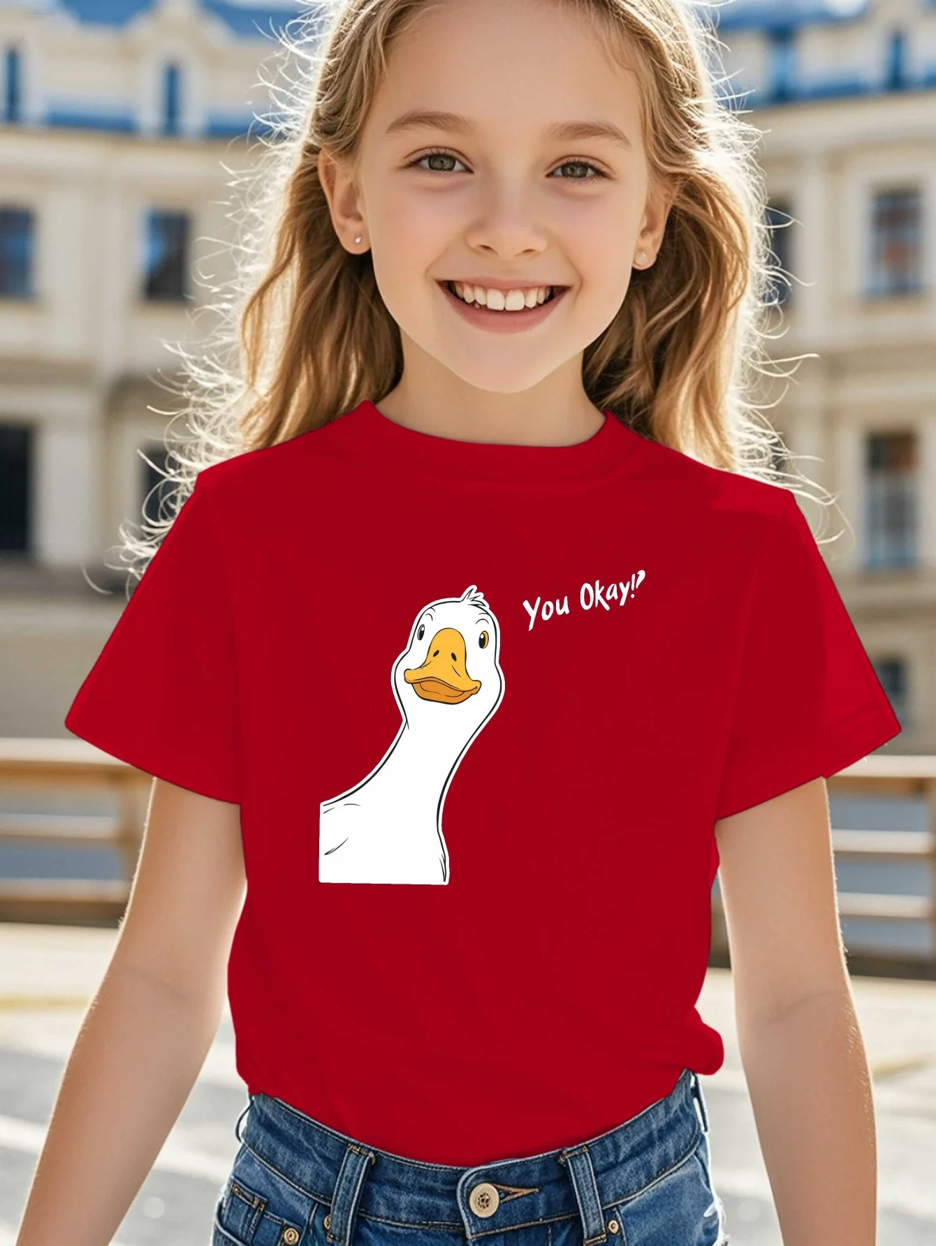Funny White Duck With You Okay Text Graphic T Shirt Family Matching Boys Girls Kids Short Sleeve Cute Animal Children Daily Tops