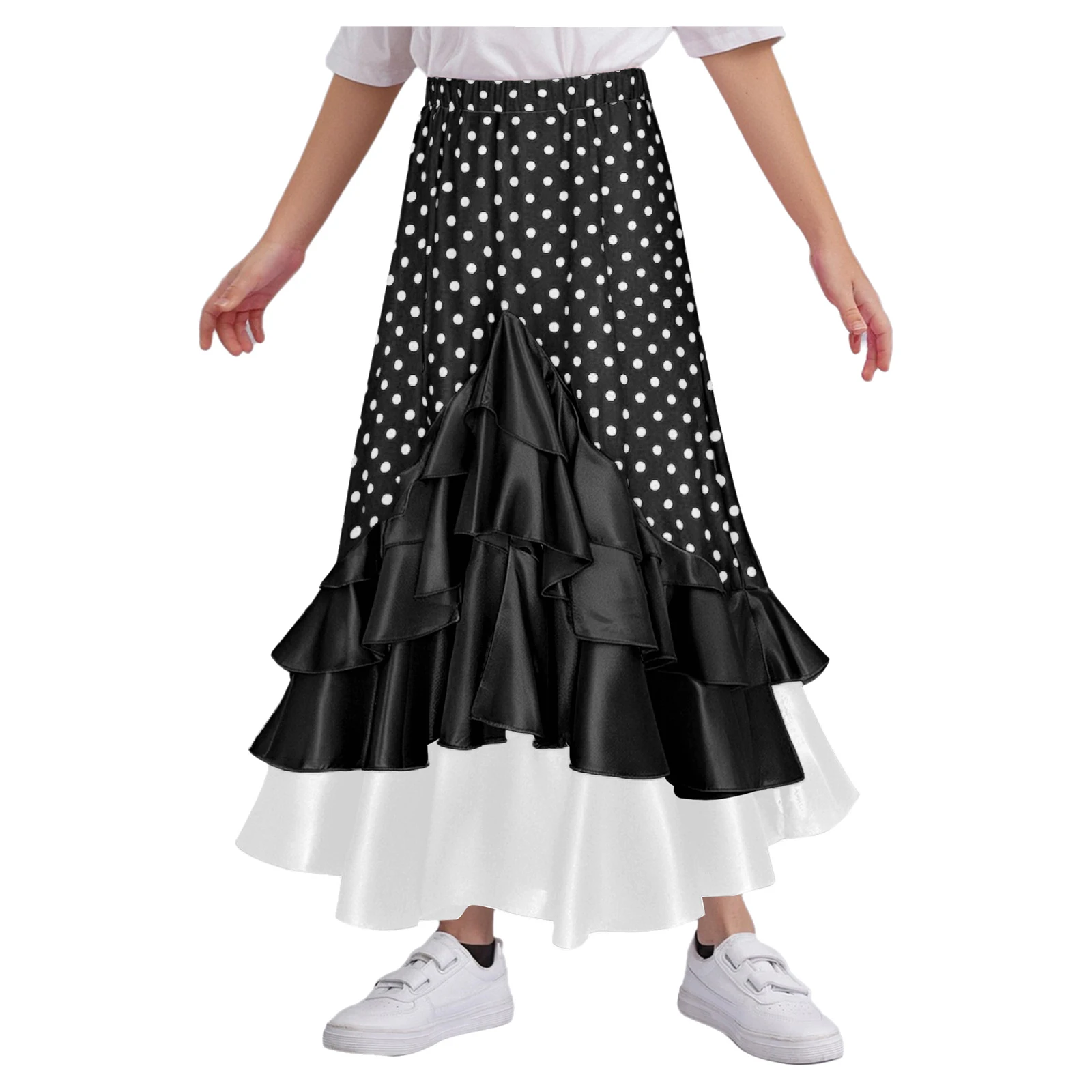 

Spanish Flamenco Dance Skirt for Kids Girls Polka-Dot Ruffled Layered Long Skirt for Lyrical Dance Performance Halloween Costume