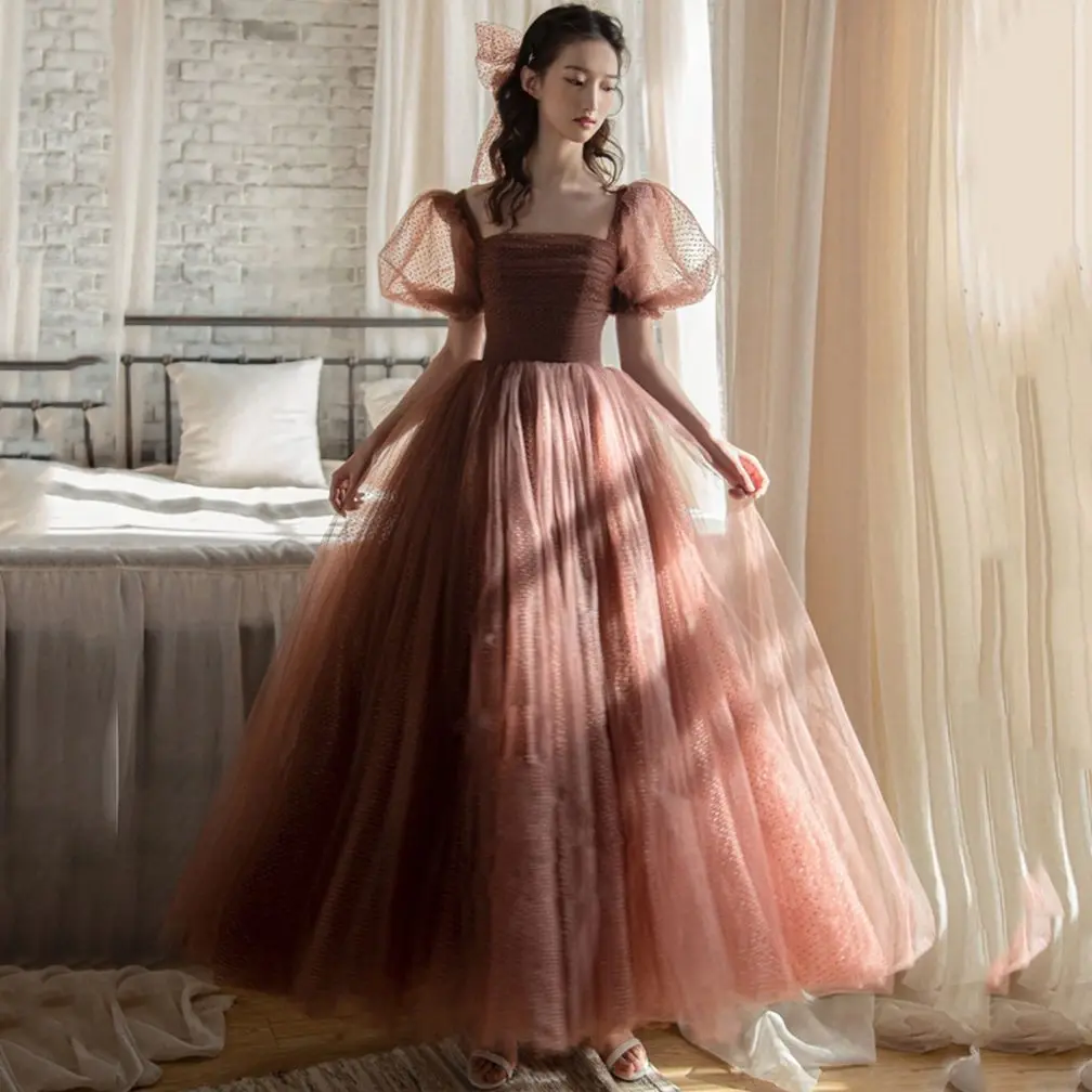 Prom Dresses Square Collar Tulle Evening Dresses A-LINE Pleat Ankle-Length Evening Gown Customized