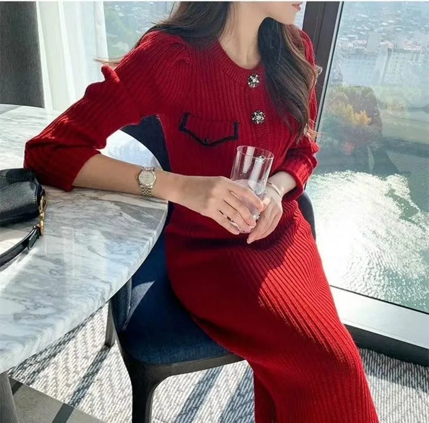 Chic France Vintage Women Knitted 2 Piece Set Autumn Winter Red Diamonds Button Cardigan Sweater +Bodycon Pencil Midi Skirt Suit