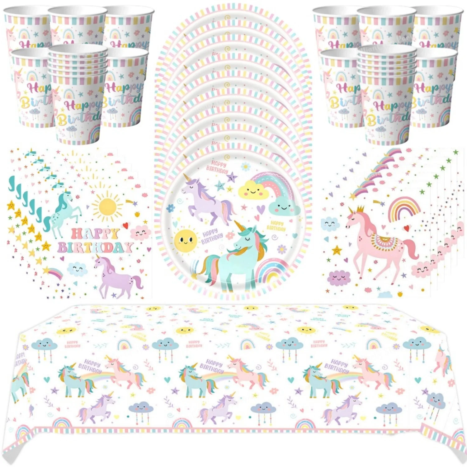 Wedding Day Supply Kit - 虹色のユニコーンをテーマにした誕生日デコレーションキット。カップ、皿、ナプキン、テーブルクロスが含まれており、ベビーシャワーや女の子の誕生日パーティーの装飾に最適です。