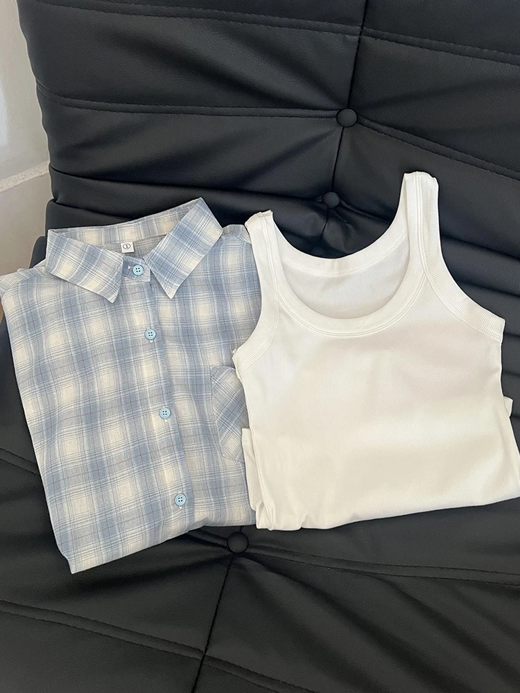 Azul xadrez preguiçoso sle feminino verão novo solto proteção solar irt outerwear casual camadas gola superior longo sve