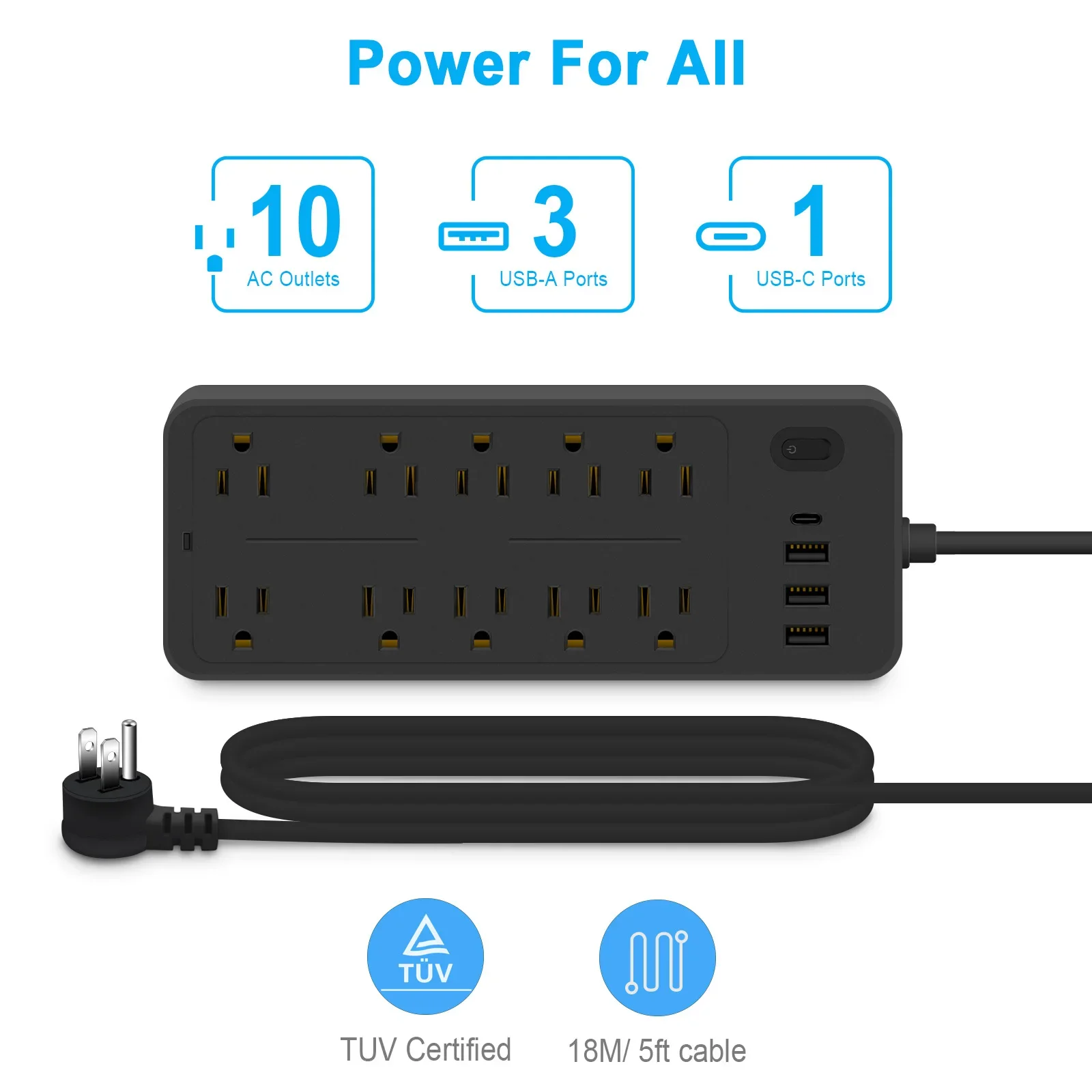 

UL US Power Strip Electrical Sockets 10 Outlets 15A 2200W with 3 USB Type-c PD20W Surge Protection Socket 1.2m Extension Code