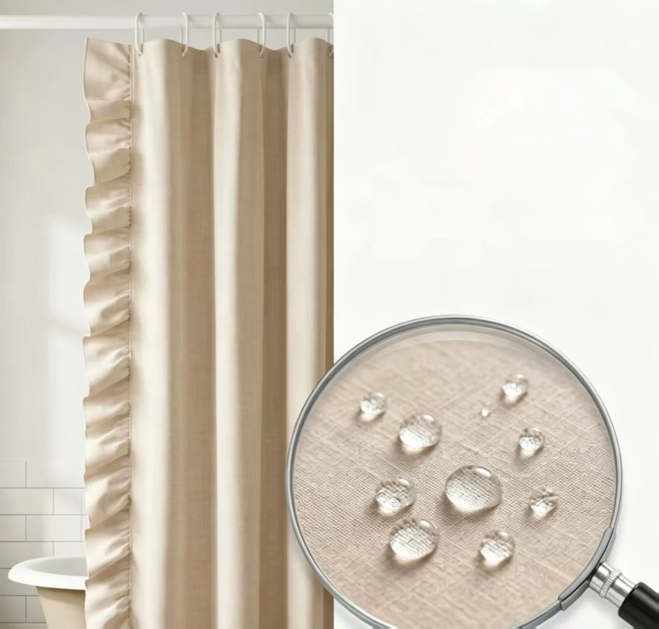 Linen Waterproof Shower with Hooks Beige Color Superior Quality Home Hotel Decor Tassels Shower Curtain for Bathroom - view 2