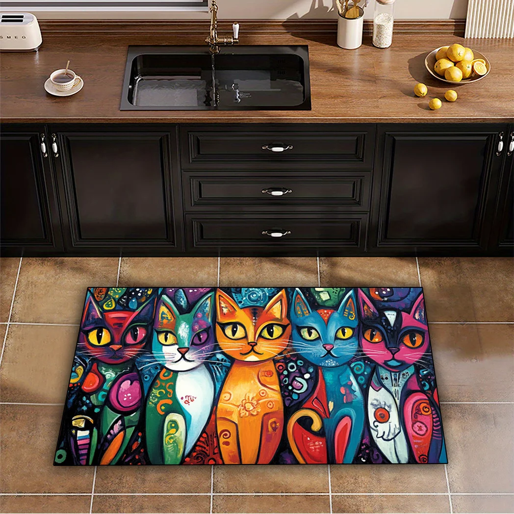 Runner rug placed in a hallway with a cat design