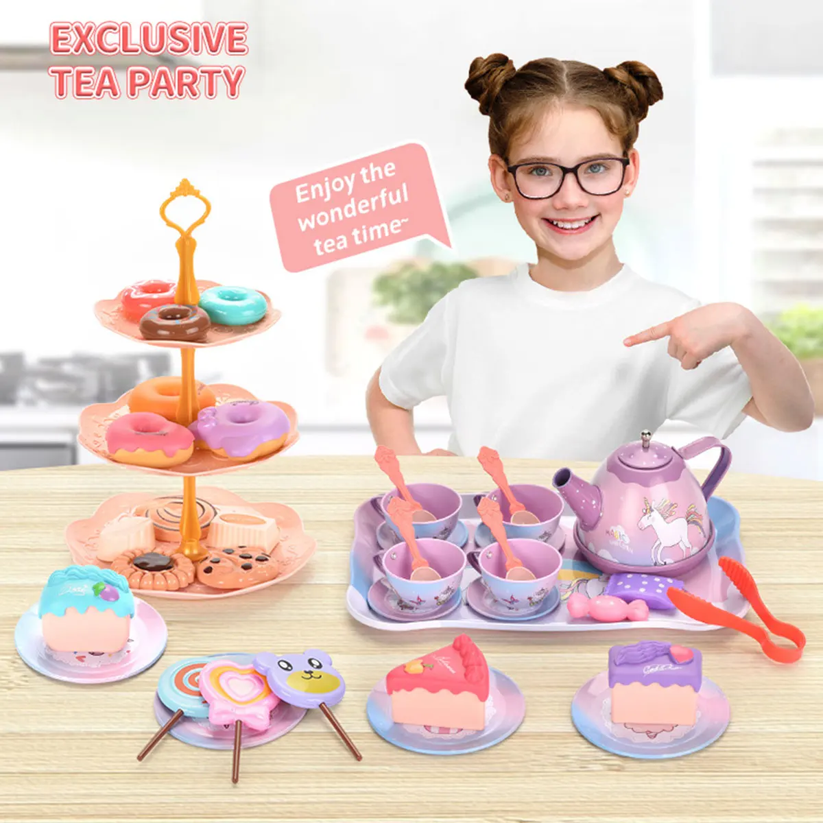 Ensemble de fête de thé interactif pour petites filles, 48 pièces, jouet de cuisine princesse avec service à thé, étui à jouets pour desserts, cadeau d'anniversaire