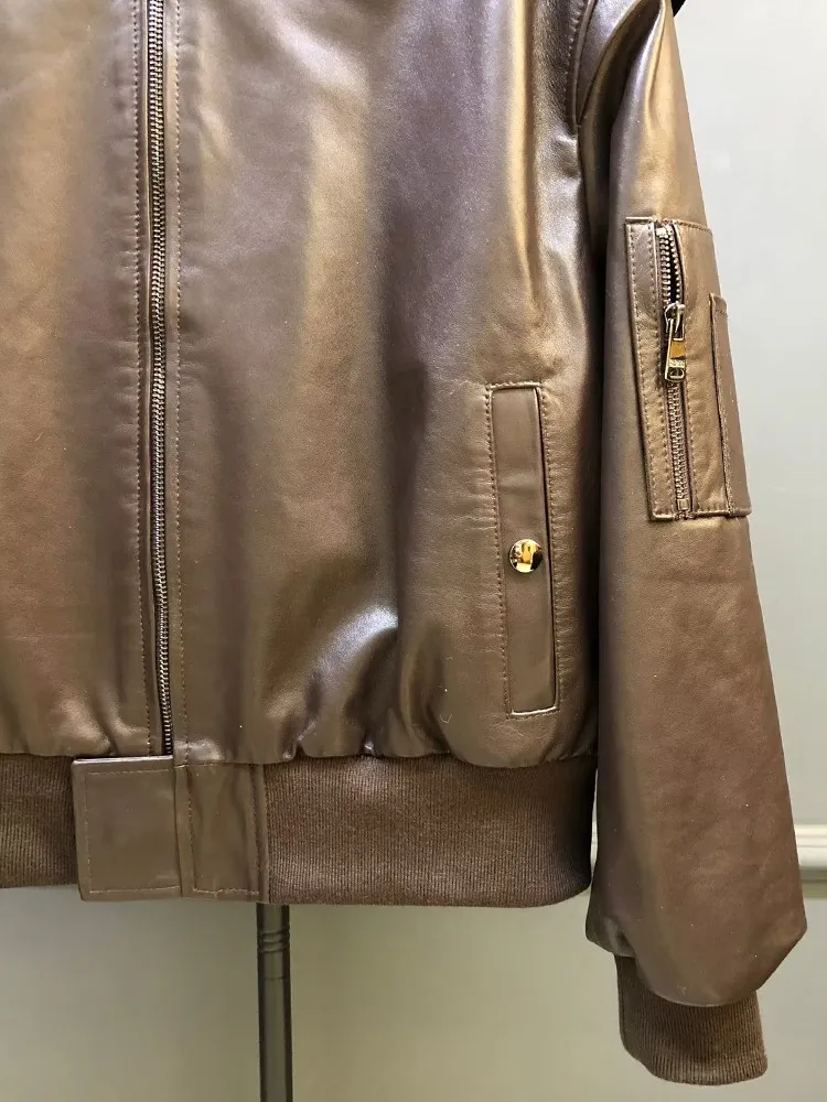 Hoge kwaliteit Office Lady Loose Fit lederen jas Stand Kraag Rits Baseball Jassen Natuurlijke schapenvacht Werkkleding Jas